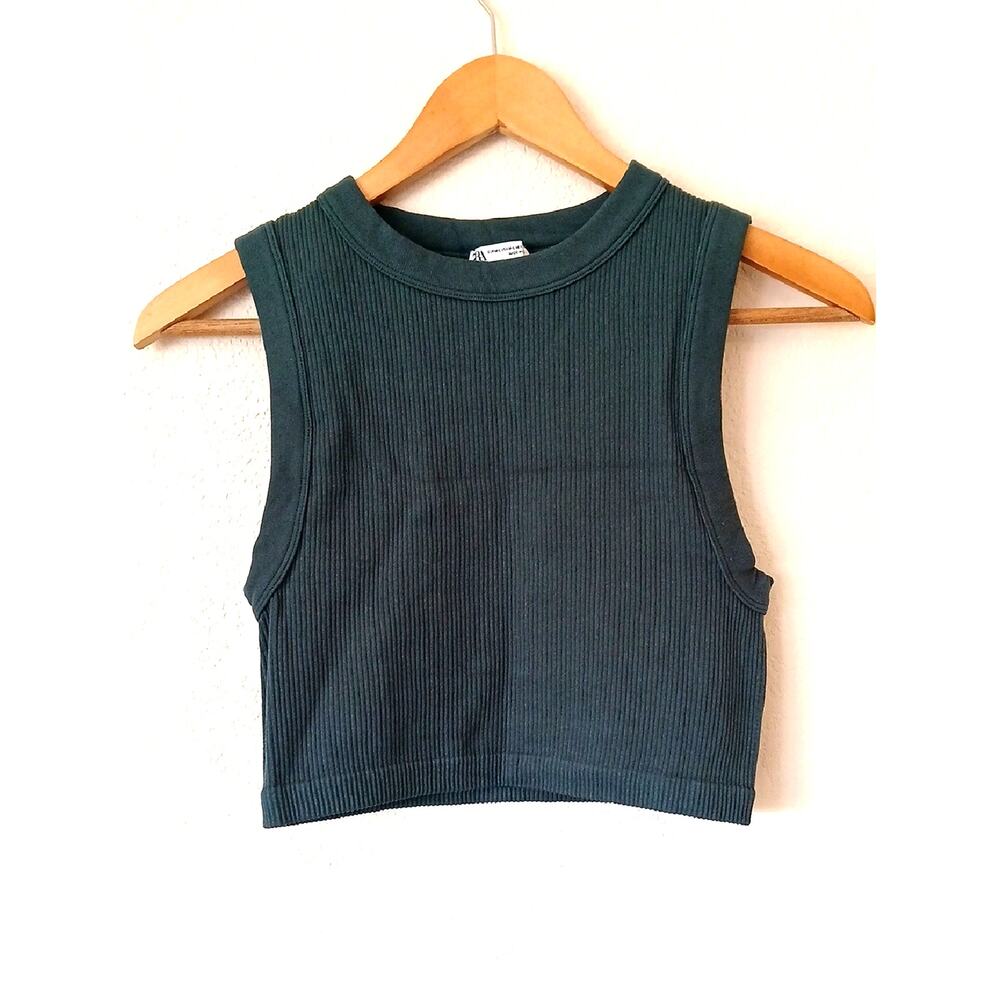 Zara Ribbed Halter Crop Muscle Tank Top Green